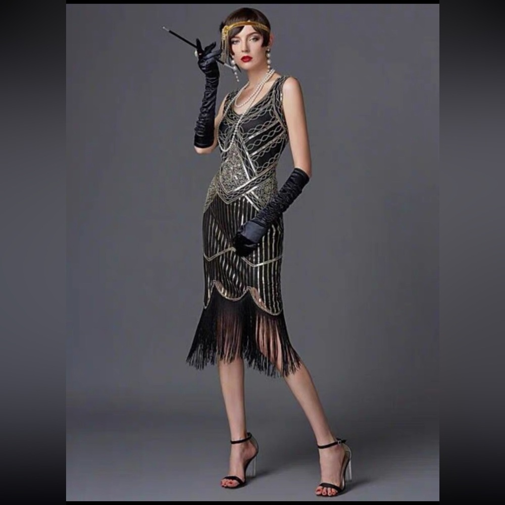 Gatsby vibe 1920s Black and Gold Women's Midi Dress